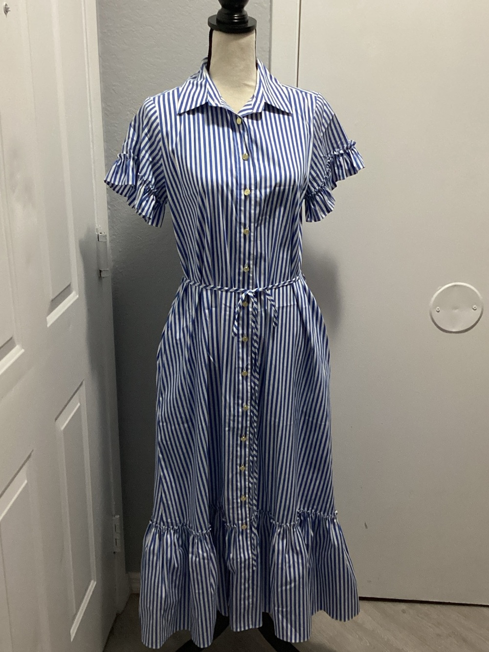 Jude Connally Blue & White Striped Ruffle-Sleeve Maxi Dress